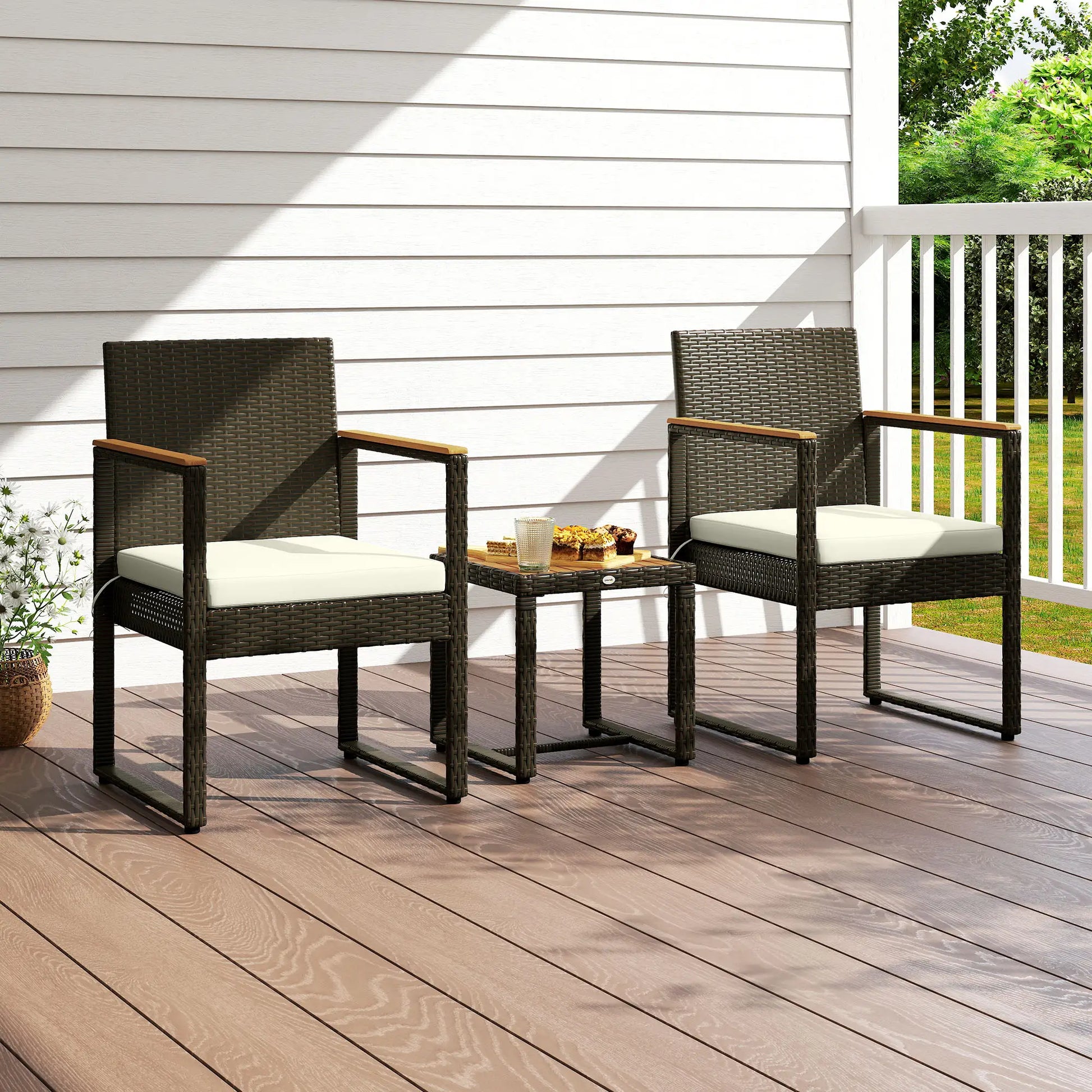 3 Pc Wicker Patio Set, Rattan Bistro w/ Acacia Table, White Bistro Sets at Gallery Canada