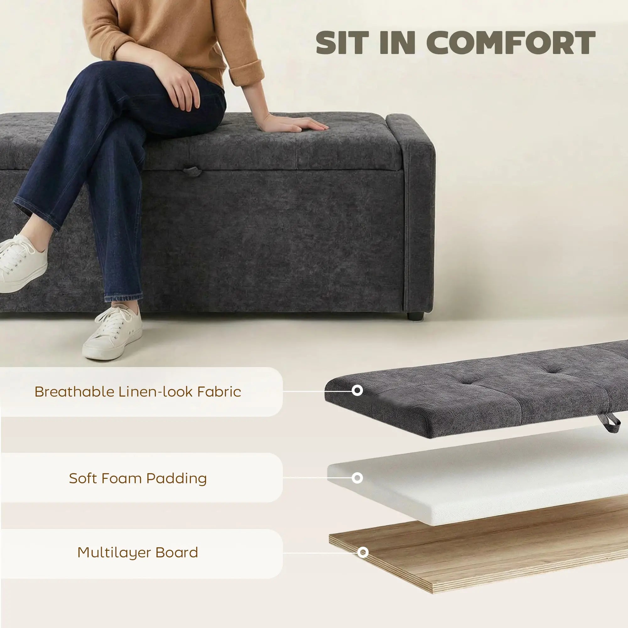 Storage Ottoman Bench, Linen Fabric, Wide Padded Seat, Dark Grey Storage Ottomans & Benches at Gallery Canada