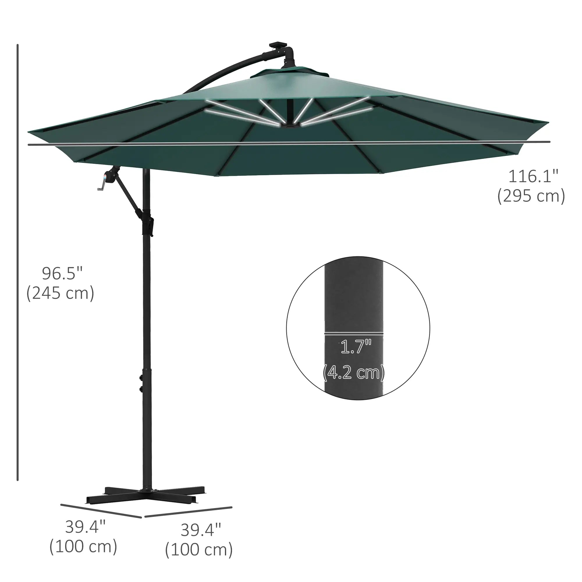 10ft Outdoor Cantilever Umbrella, Solar LED Lights, Crank, Green Cantilever Umbrellas at Gallery Canada