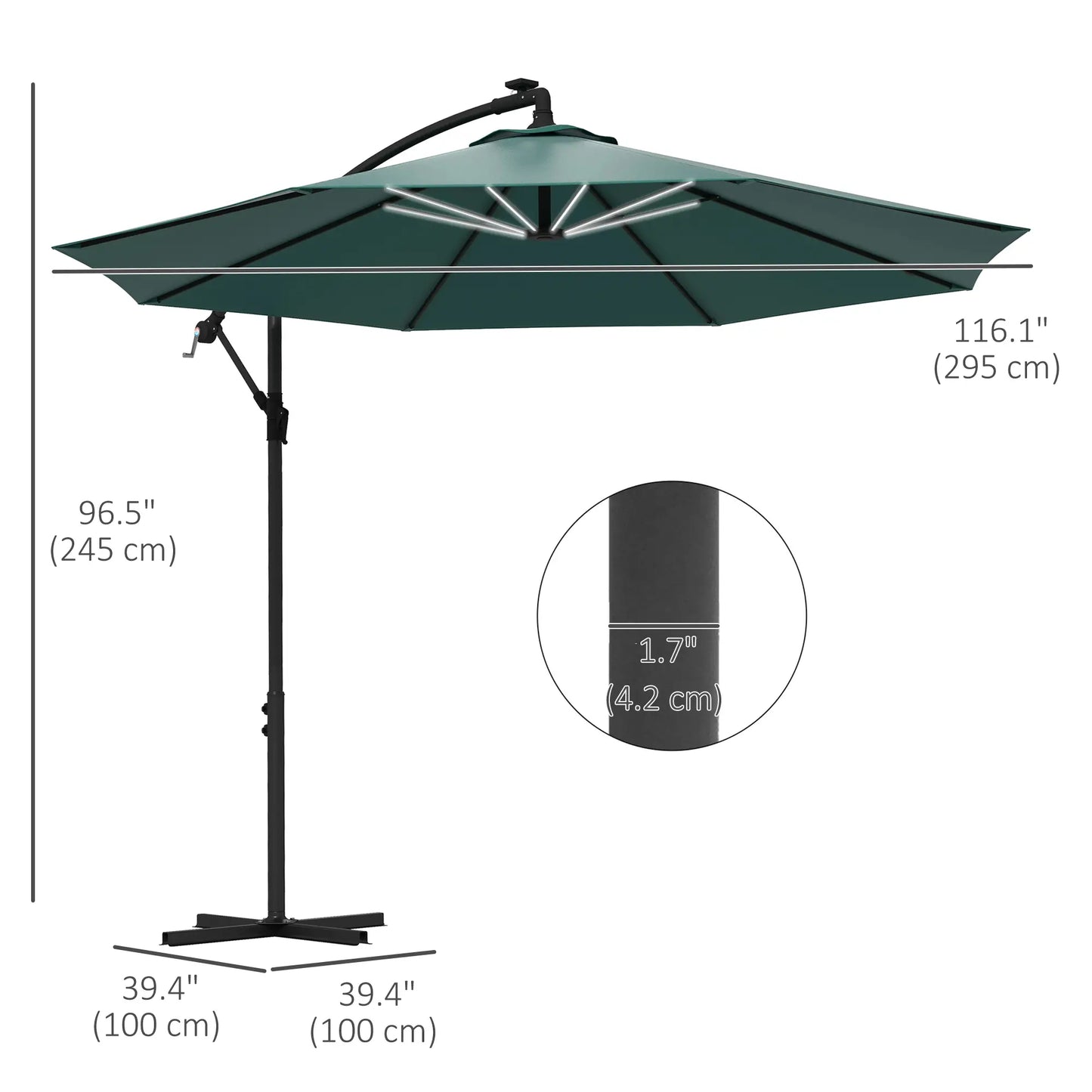 10ft Outdoor Cantilever Umbrella, Solar LED Lights, Crank, Green Cantilever Umbrellas at Gallery Canada