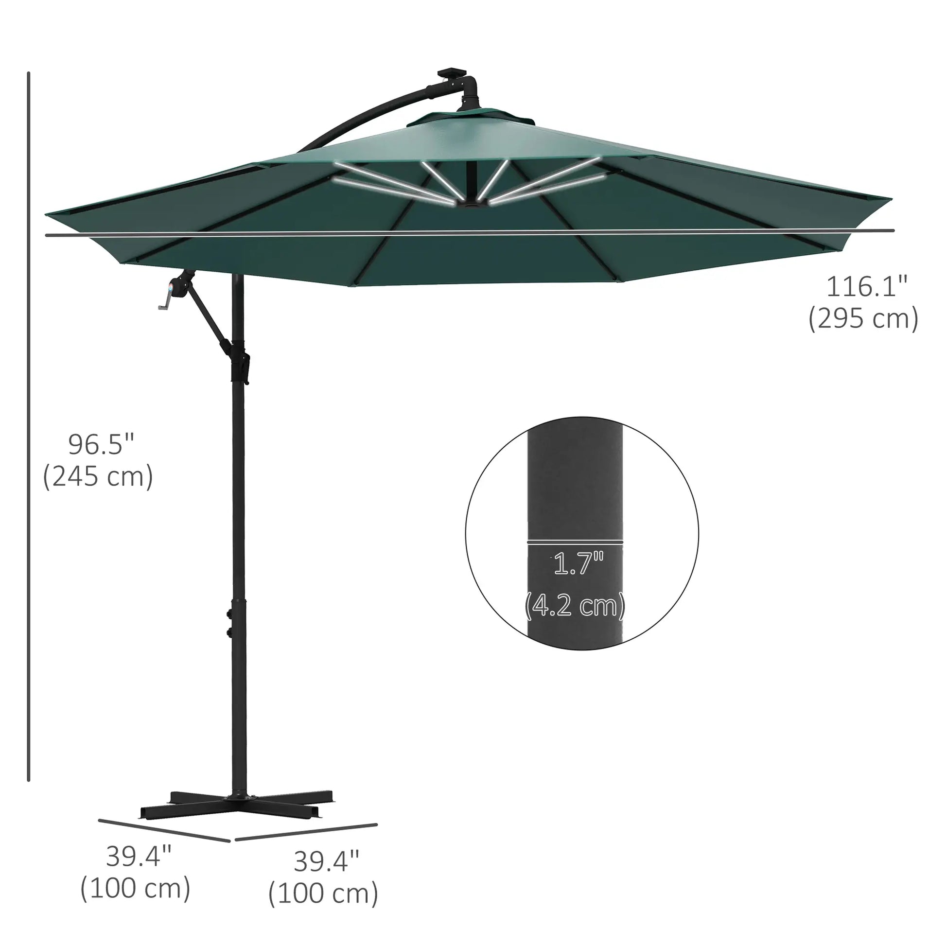 10ft Outdoor Cantilever Umbrella, Solar LED Lights, Crank, Green Cantilever Umbrellas at Gallery Canada