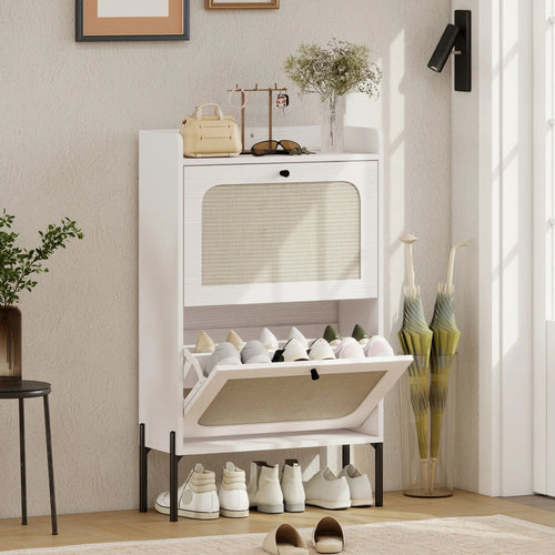 Shoe Cabinet With 2 Flip Drawers, Narrow, White