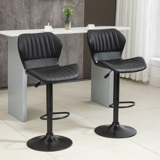 Shell Back Bar Stool Set of 2, PU Leather Adjustable Swivel Barstools with Chrome Base and Footrest for Kitchen Counter, Pub, Black - Gallery Canada