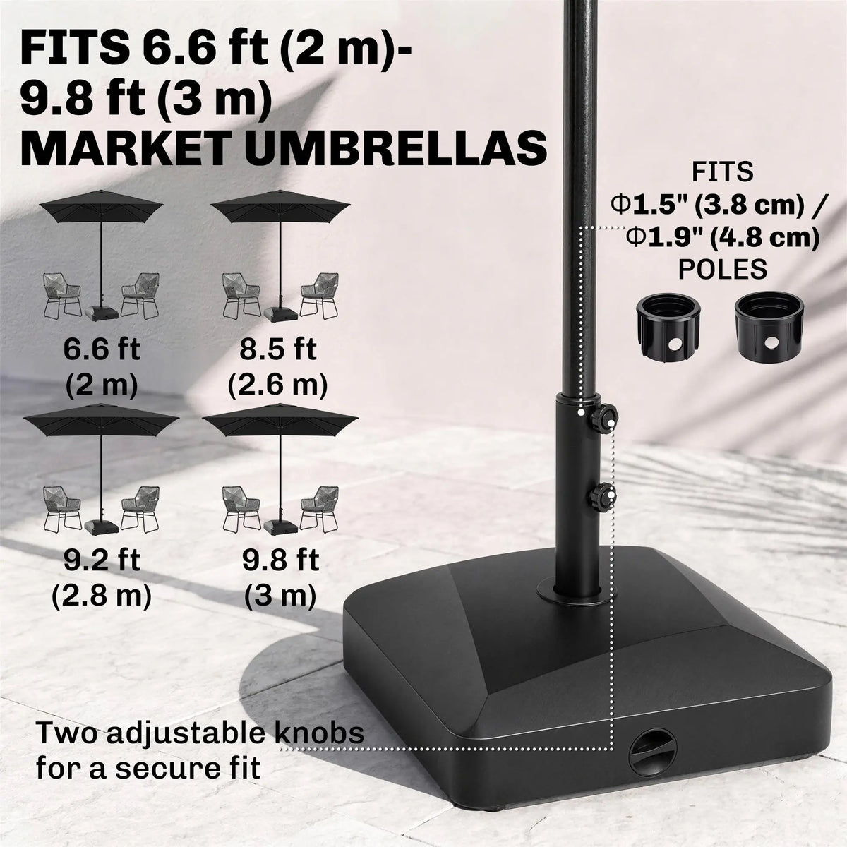 Base de parasol lourde avec roues, 132 lb, noir