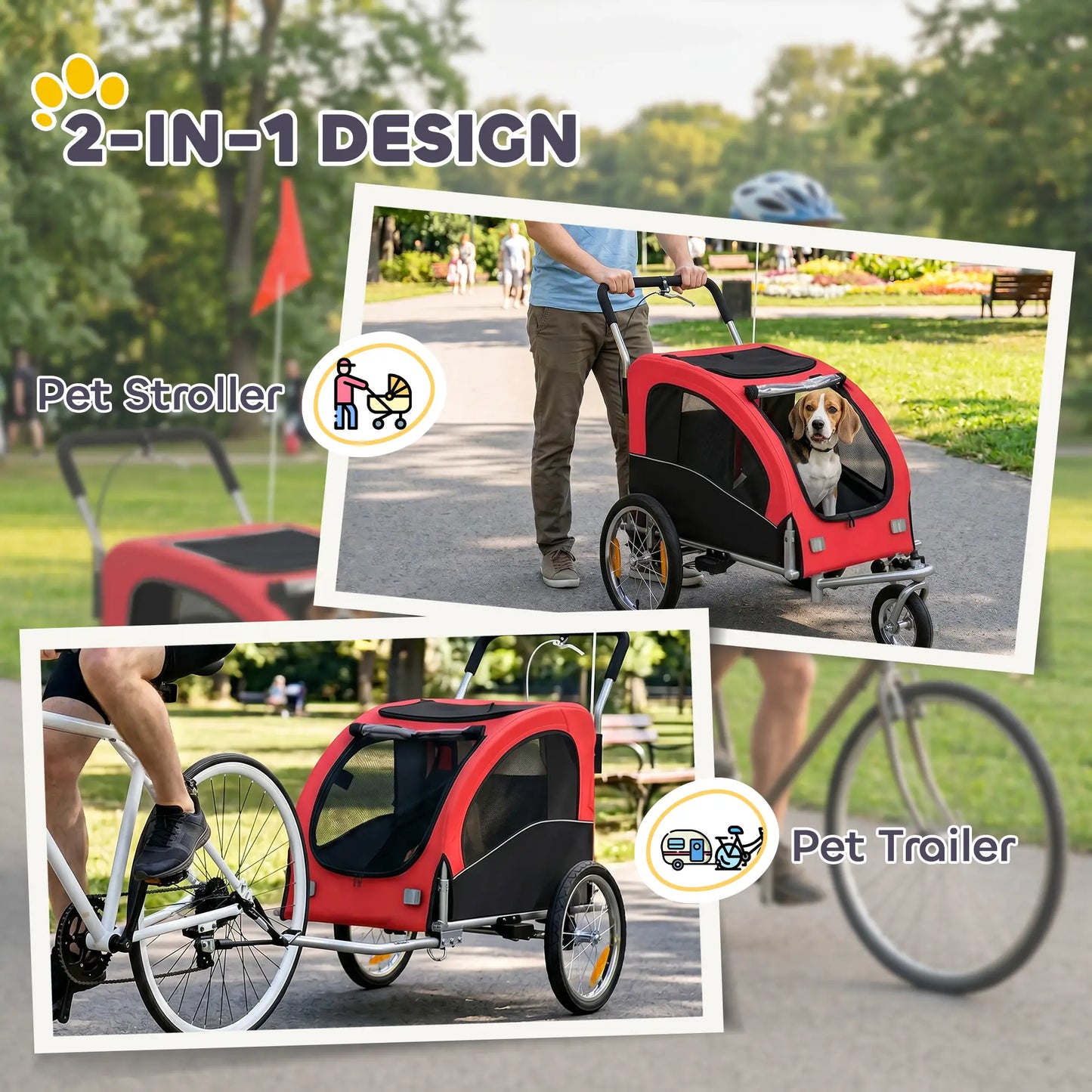 2 In 1 Dog Bike Trailer, Foldable Pet Stroller, Red