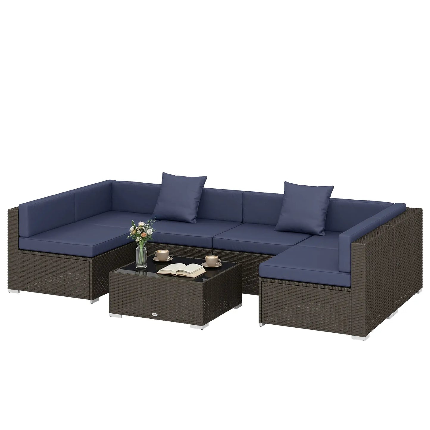 7pc Garden Wicker Sectional Set, Patio Rattan Lounge Sofa, Navy Blue Patio Furniture Sets Deep Coffee, Navy Blue Fabric at Gallery Canada