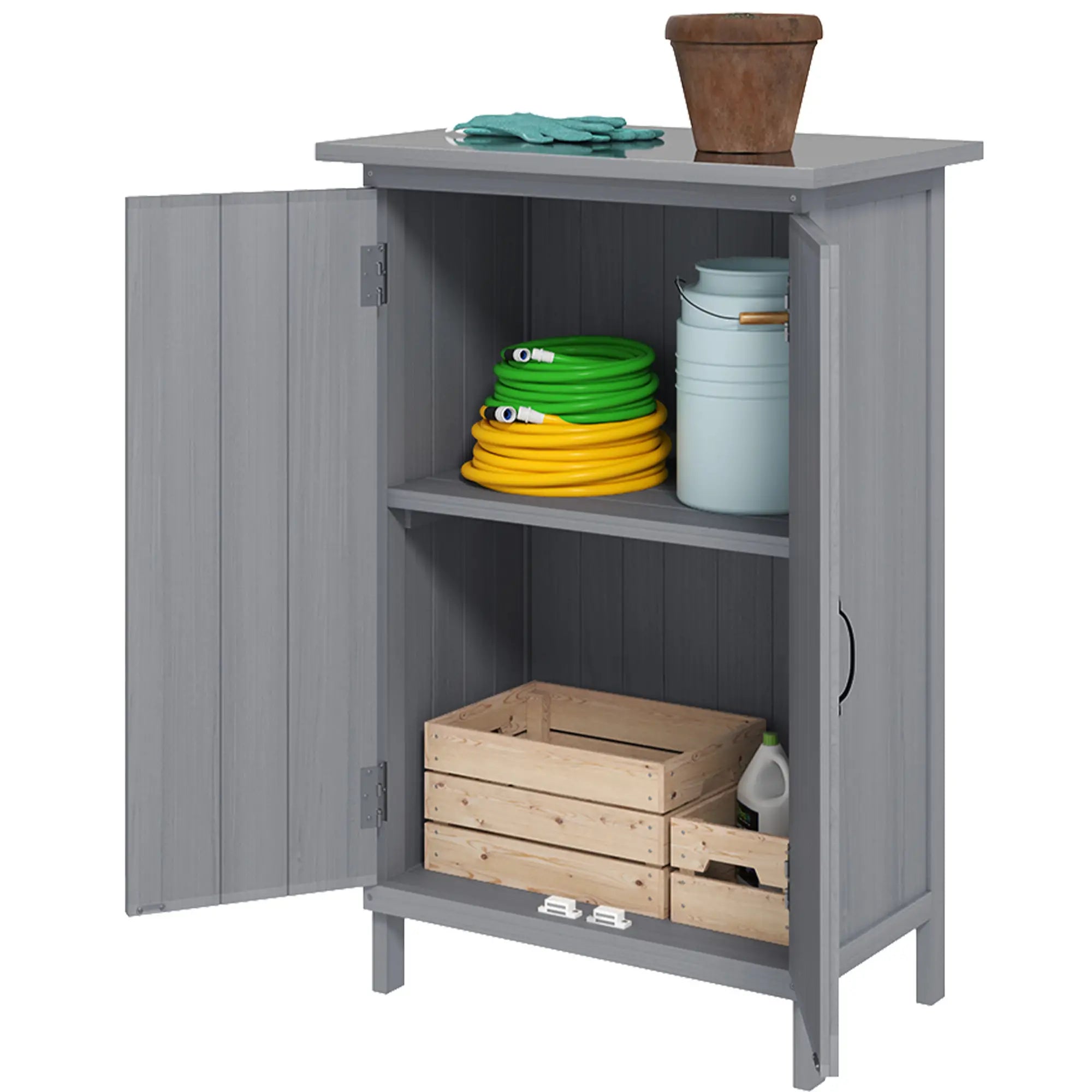 Outdoor Wooden Storage Cabinet, 2-Tier Shelves, Metal Tabletop, Grey Sheds Grey at Gallery Canada