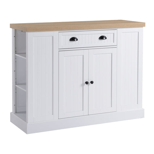Fluted-Style Wooden Kitchen Island with Storage Cabinet and Drawer, Butcher Block Island for Dining Room, White - Gallery Canada