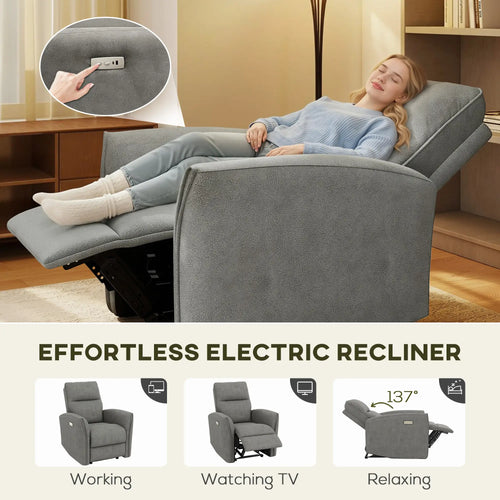 Fabric Recliner Chair, USB Ports, Footrest, Grey