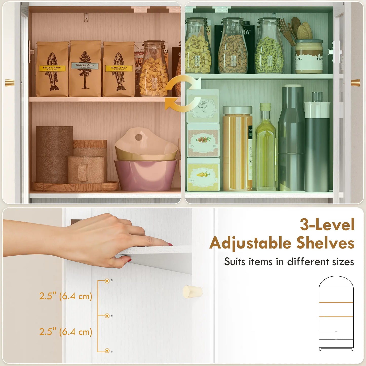 71" Tall White Arched Kitchen Pantry Cabinet, Shelves, 2 Drawers, Acrylic Doors, White Kitchen Pantry Cabinets at Gallery Canada