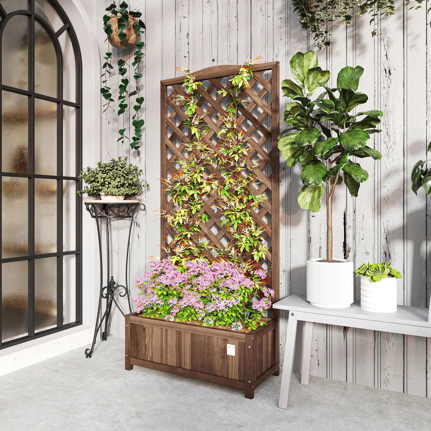 Wood Planter With Trellis, Raised Garden Bed, 30" x 14" x 67", Dark Brown Wooden Planter Boxes at Gallery Canada