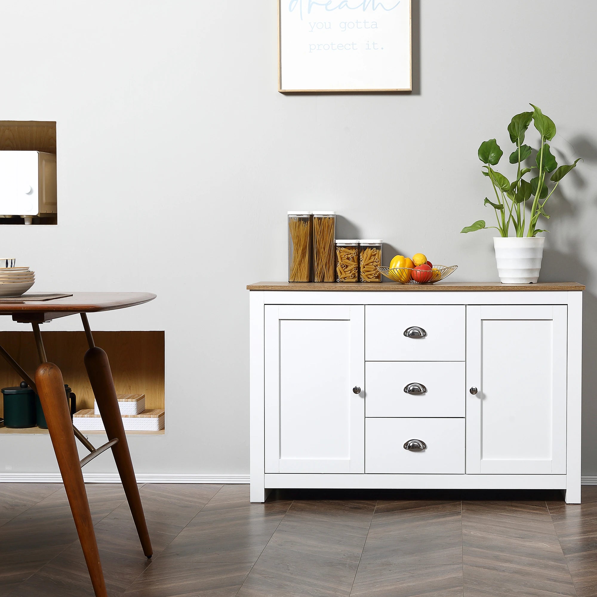 Modern Sideboard Cabinet, Kitchen Buffet with 3 Drawers, Adjustable Shelves, White Bar Cabinets at Gallery Canada