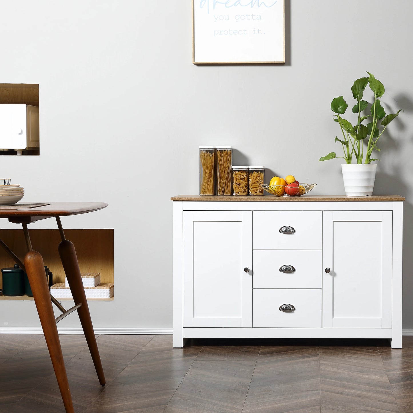 Modern Sideboard Cabinet, Kitchen Buffet with 3 Drawers, Adjustable Shelves, White Bar Cabinets at Gallery Canada