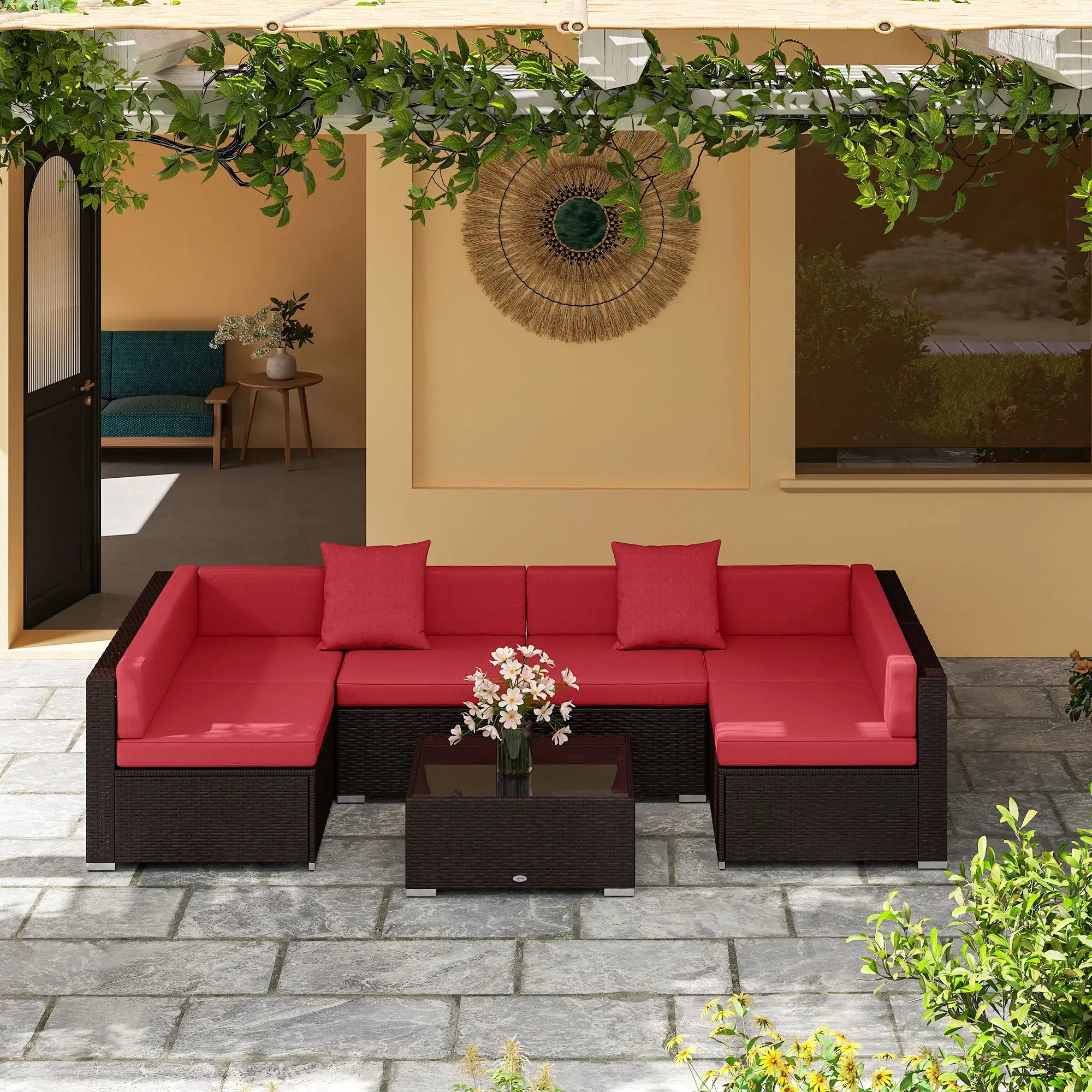 7-Piece Garden Wicker Sectional Set, Patio Sofa, Wine Red Patio Furniture Sets at Gallery Canada