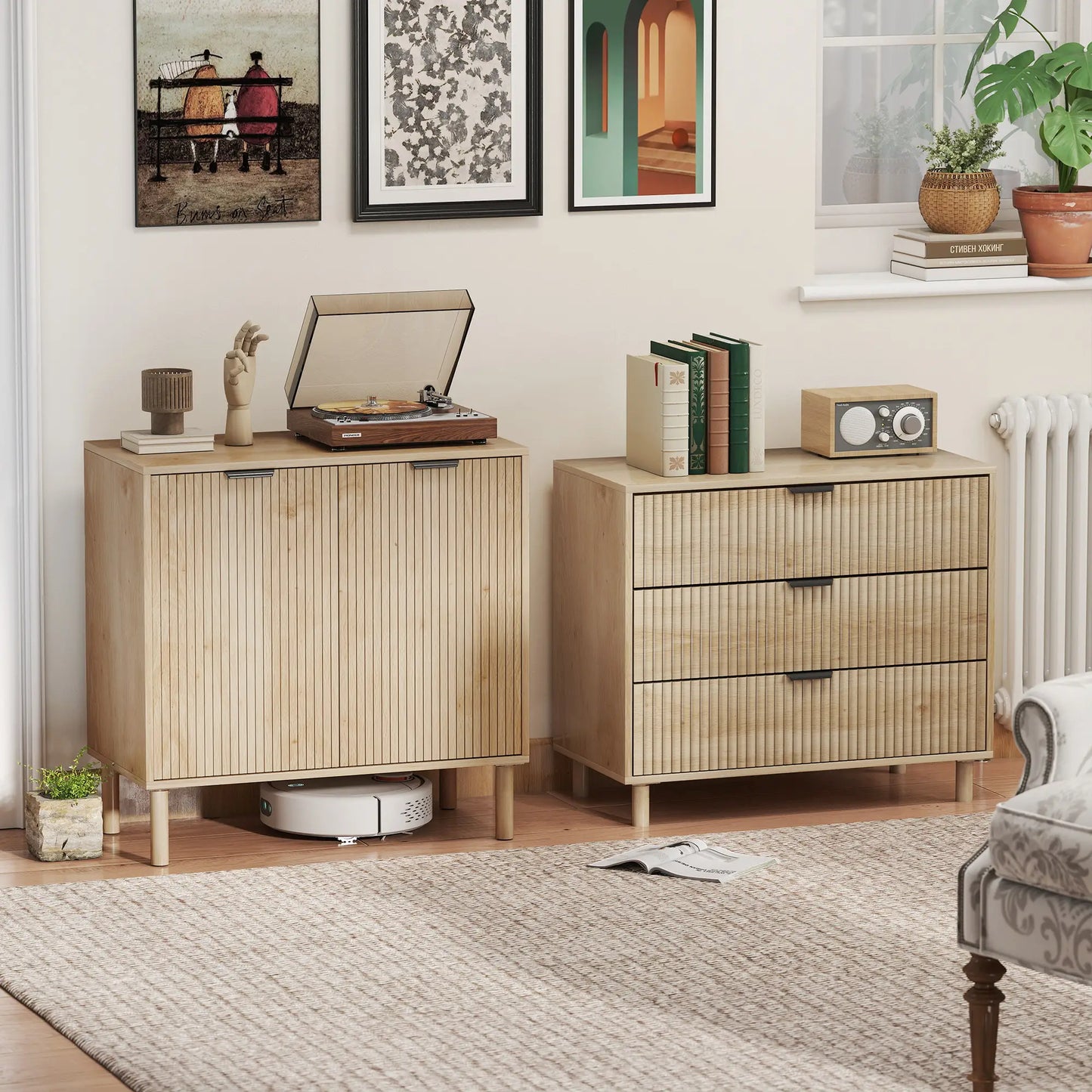 3 Drawer Dresser, Fluted Panels, Solid Wood Legs, Oak Storage Cabinets at Gallery Canada