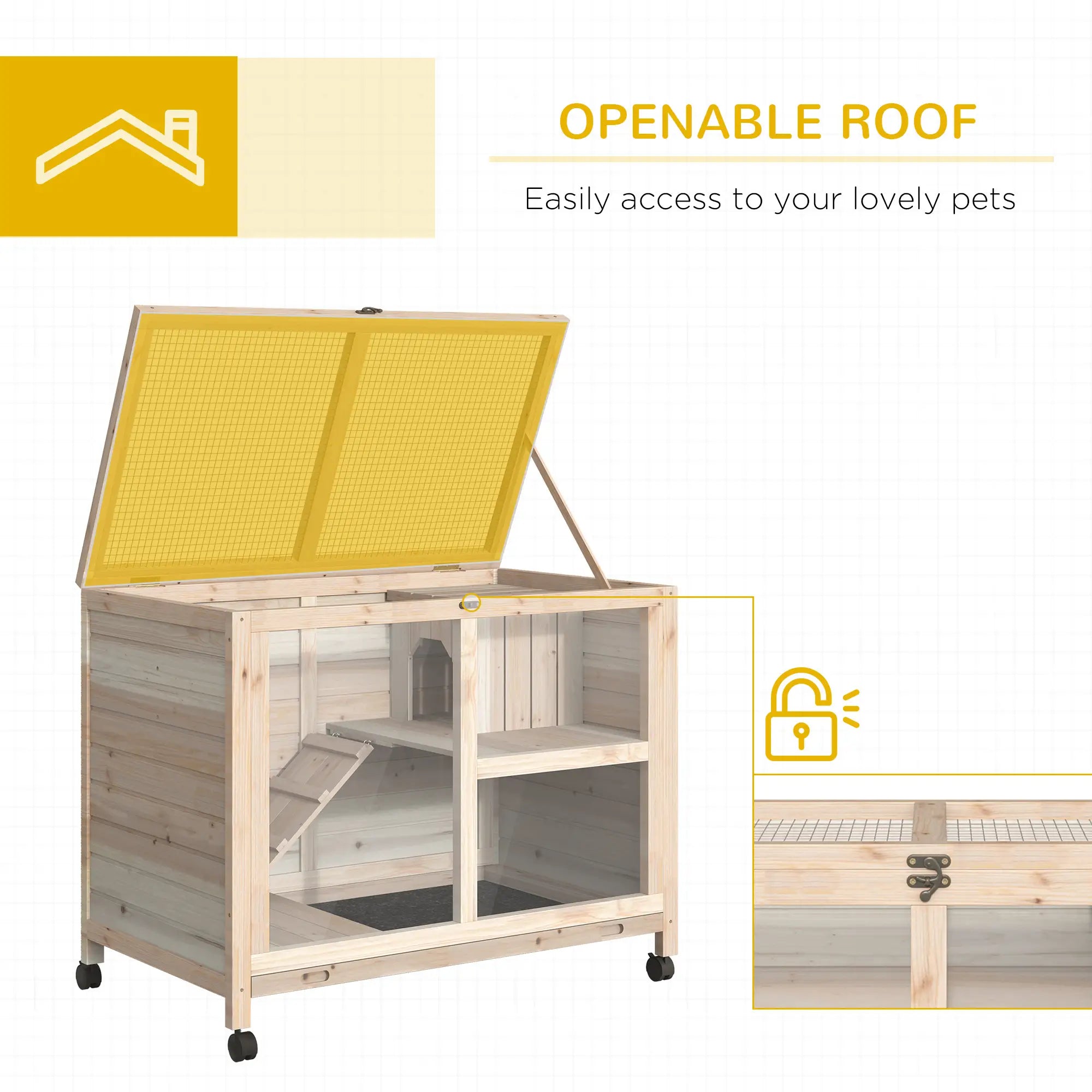 Indoor Rabbit Hutch with Wheels, Guinea Pig Cage, Top Access, Ramp, Pull Out Tray, Natural Wood Rabbit Hutch at Gallery Canada