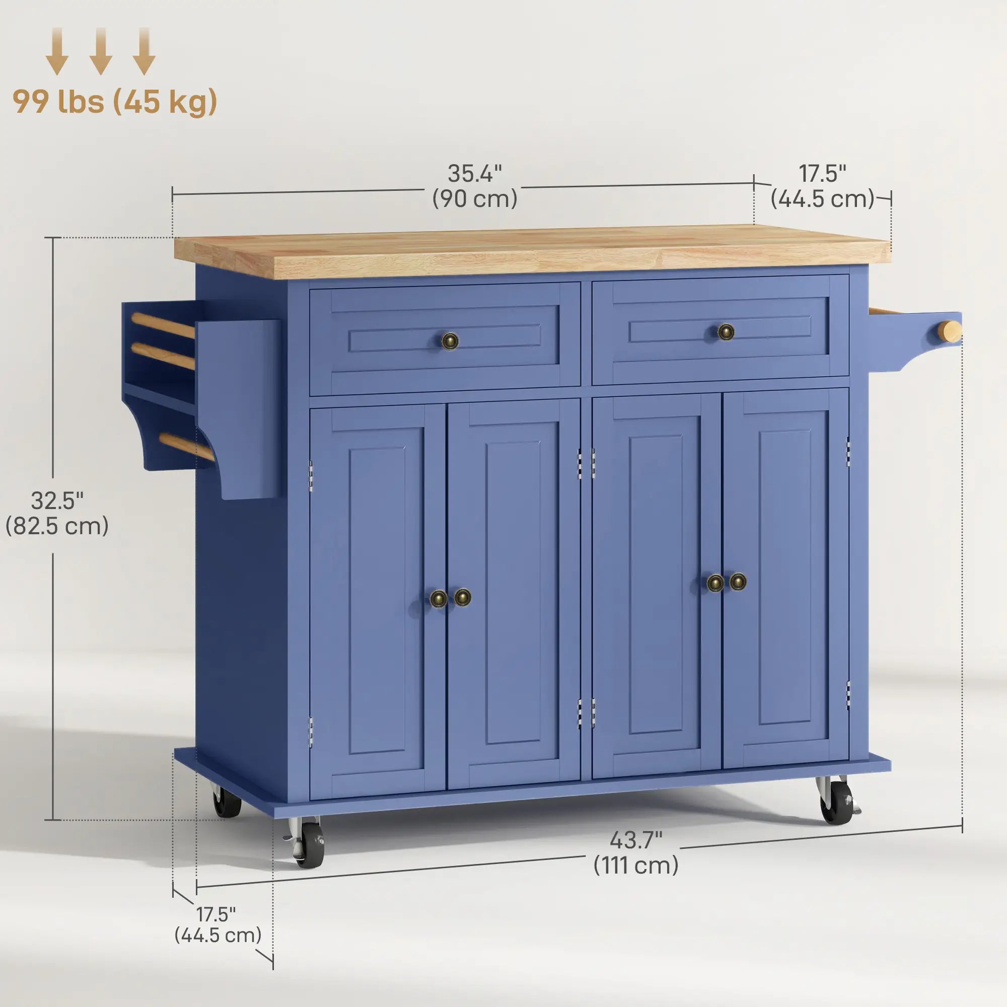 Kitchen Island with Storage, Rolling Cart, Rubber Wood Top, Navy Blue Kitchen Islands & Kitchen Carts at Gallery Canada