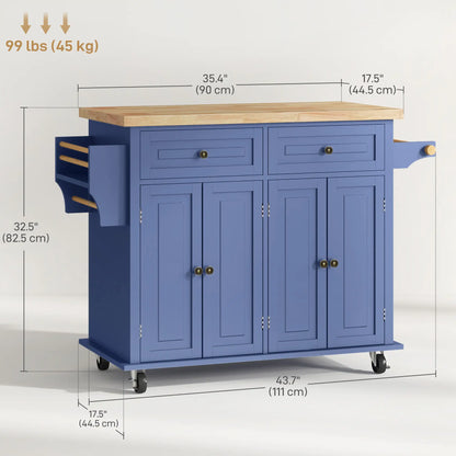 Kitchen Island with Storage, Rolling Cart, Rubber Wood Top, Navy Blue Kitchen Islands & Kitchen Carts at Gallery Canada