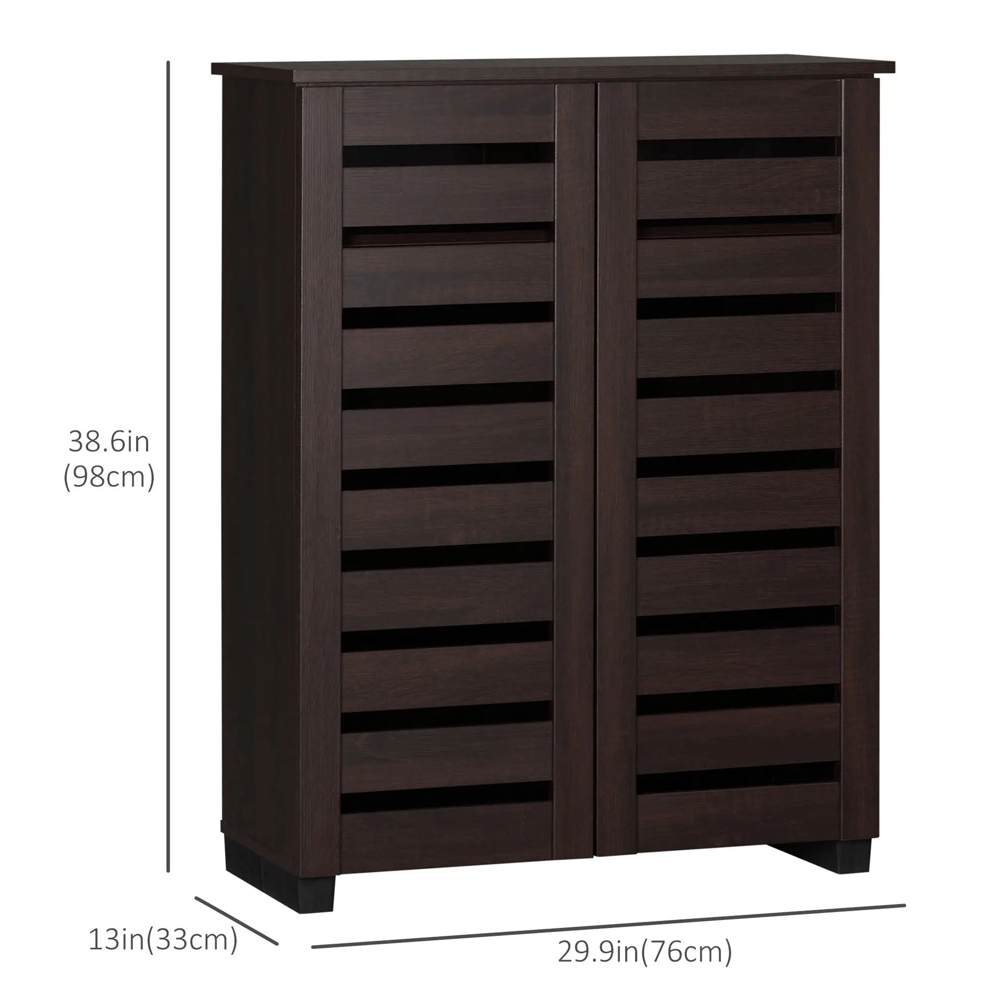 Narrow Shoe Cabinet, 2 Slatted Doors, Adjustable Shelves, Holds 15 Pairs, Dark Brown Shoe Storage Cabinets & Racks at Gallery Canada
