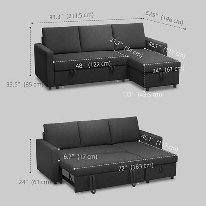 Convertible Corner Sofa Bed, Built-In Storage, 3 Removable Cushions, Black Sofas & Reclining Chairs at Gallery Canada