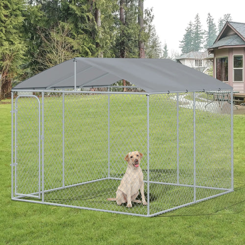 Outdoor Dog Kennel With Roof, Steel Lock, Mesh Sidewalls, 9.8' x 9.8' x 7.7'
