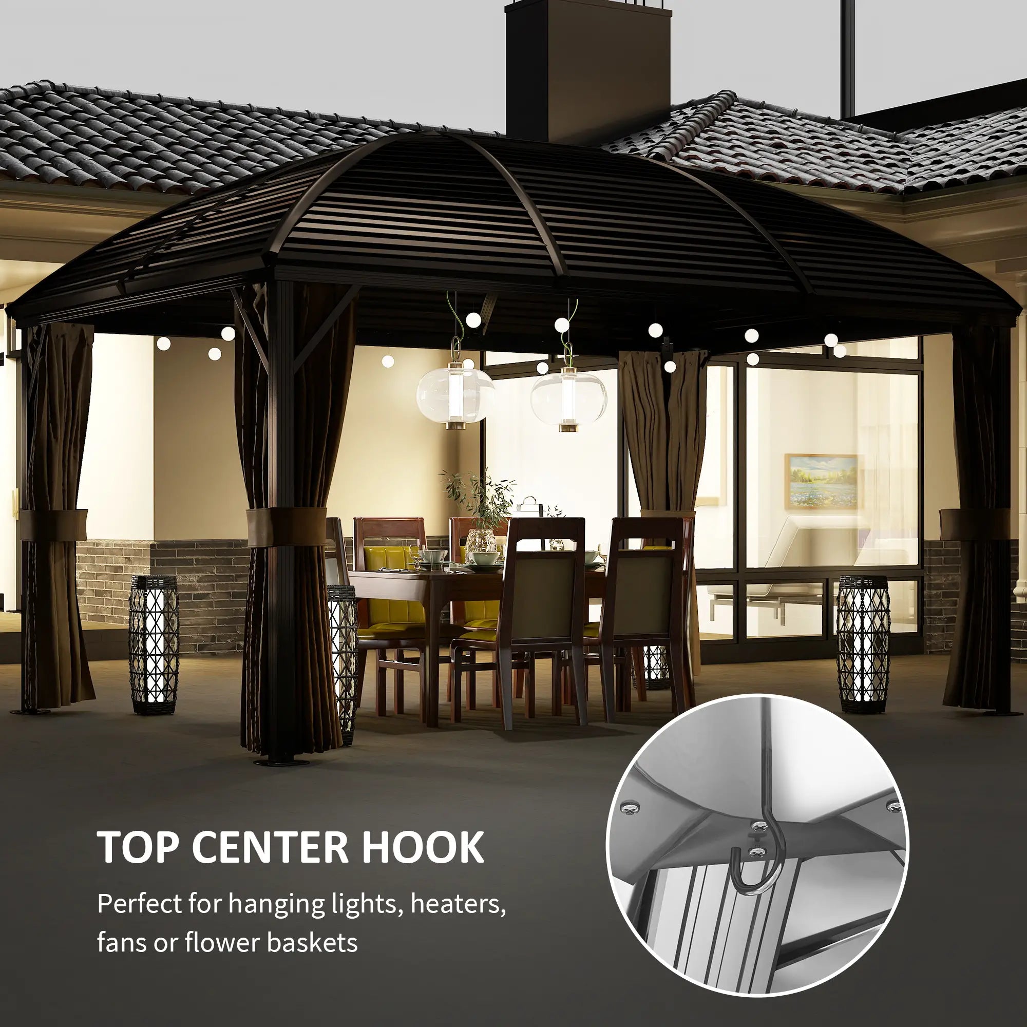 10' x 13' Hardtop Gazebo, Aluminum Canopy, Mesh Nettings, Curtains, Brown Gazebos at Gallery Canada