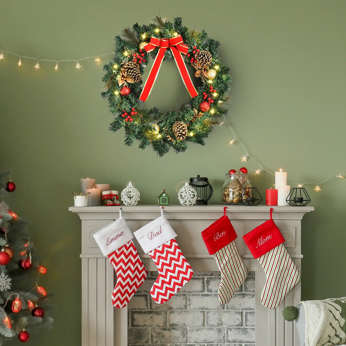 24" Pre-Lit Christmas Wreath, Artificial Greenery, 20 LED Lights, Red Berries Christmas Wreaths at Gallery Canada