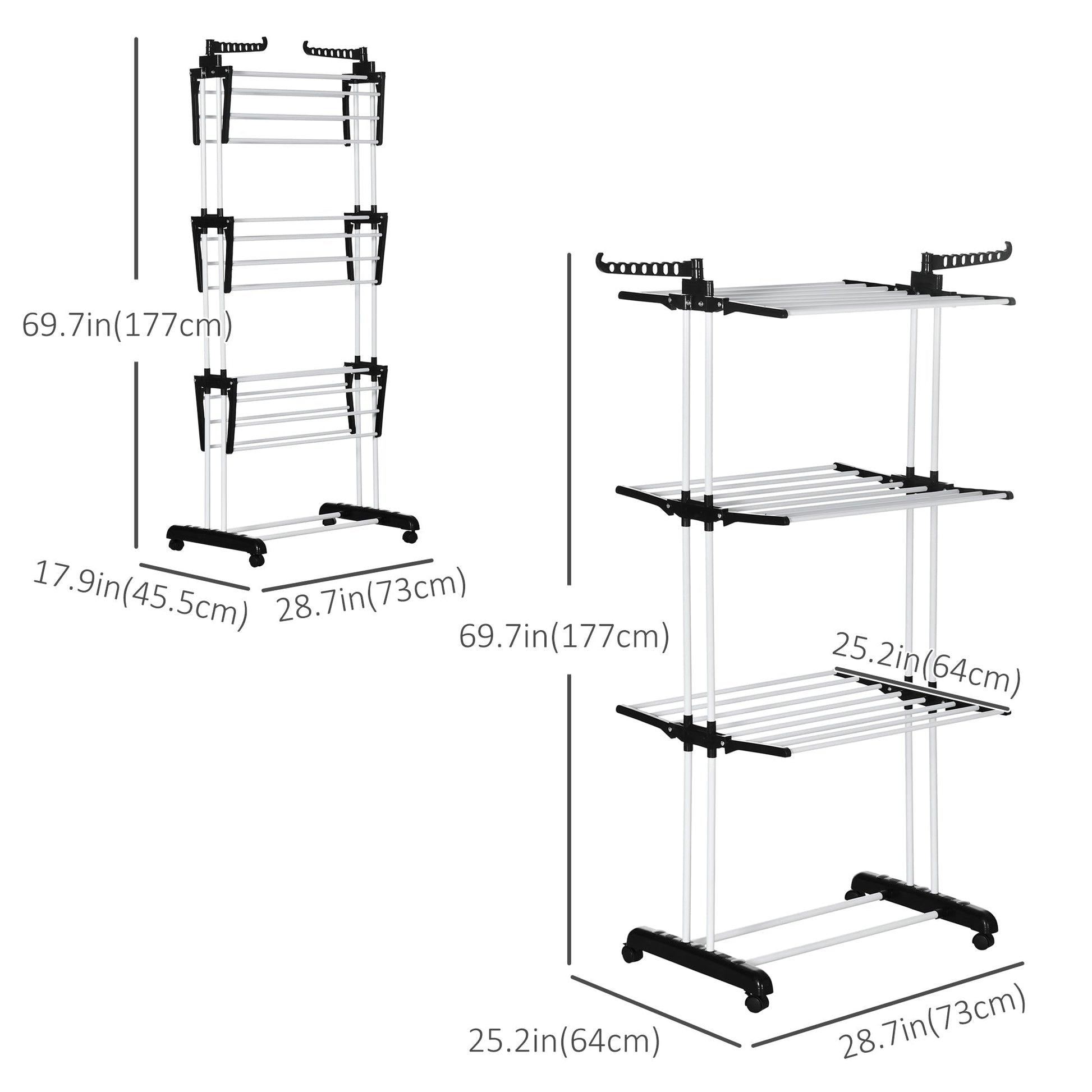 Foldable Clothes Drying Rack, 4-Tier Steel Laundry Racks for Drying Clothes with 2 Side Wings and 4 Castors, Indoor and Outdoor Use, Black - Gallery Canada