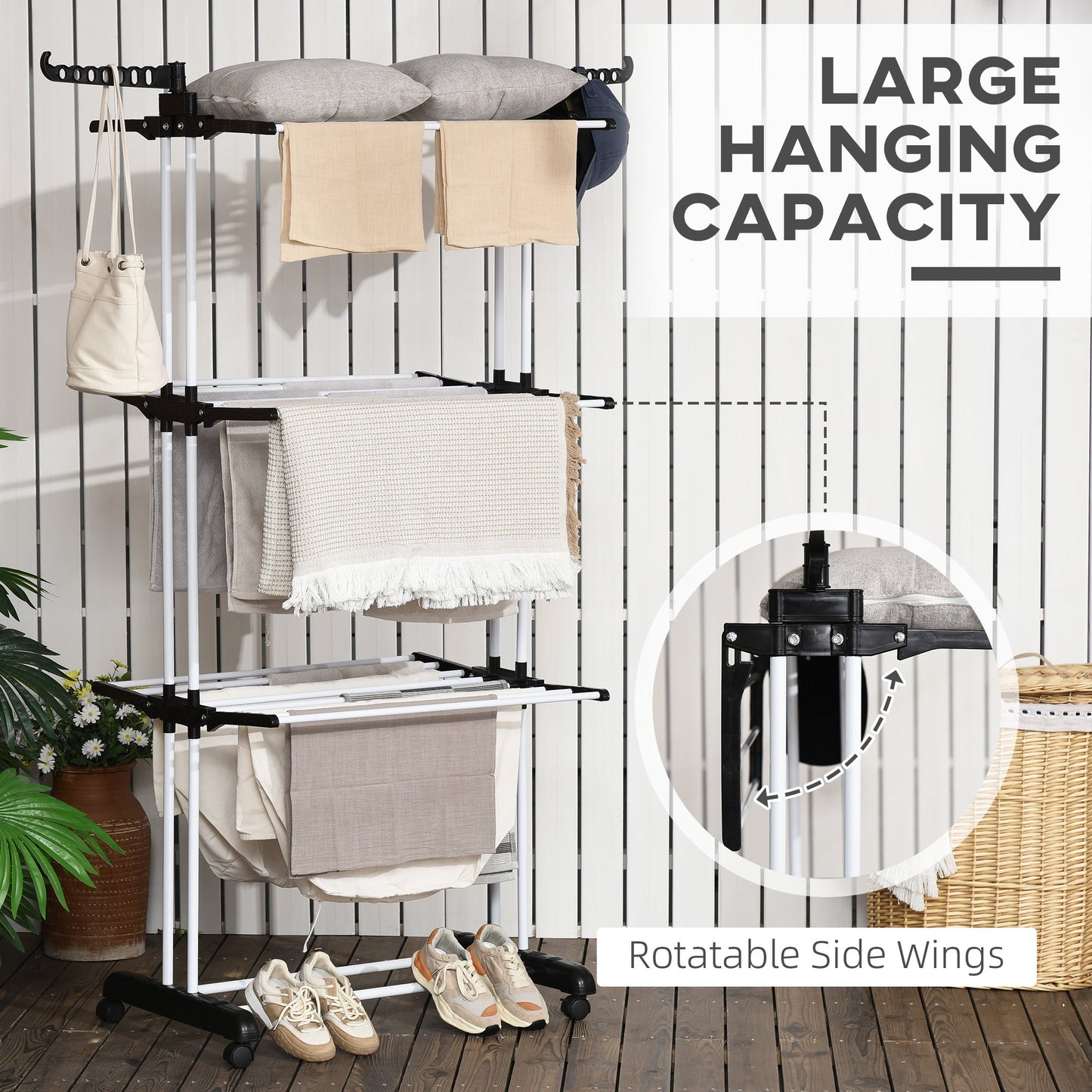 Foldable Clothes Drying Rack, 4-Tier Steel Laundry Racks for Drying Clothes with 2 Side Wings and 4 Castors, Indoor and Outdoor Use, Black - Gallery Canada
