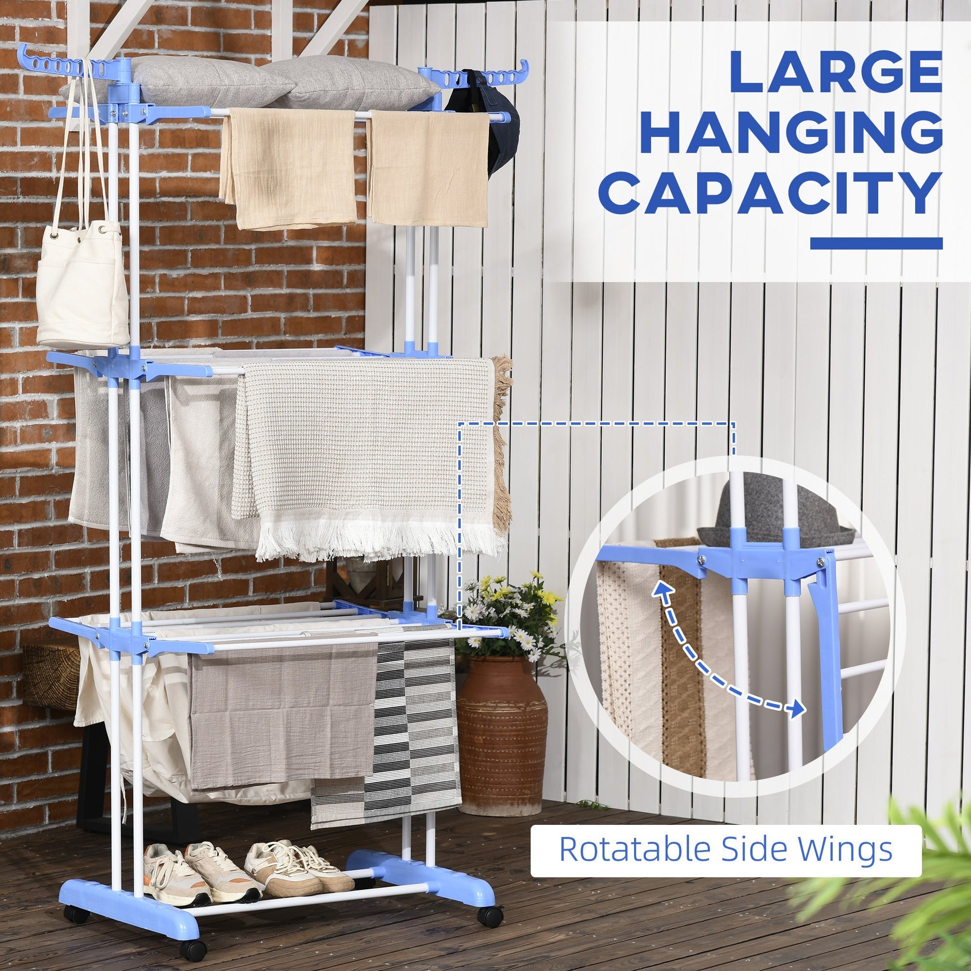 Foldable Clothes Drying Rack, 4-Tier Steel Laundry Racks for Drying Clothes with 2 Side Wings and 4 Castors, Indoor and Outdoor Use, Blue at Gallery Canada