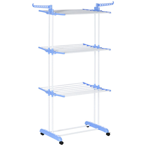 Foldable Clothes Drying Rack, 4-Tier Steel Laundry Racks for Drying Clothes with 2 Side Wings and 4 Castors, Indoor and Outdoor Use, Blue