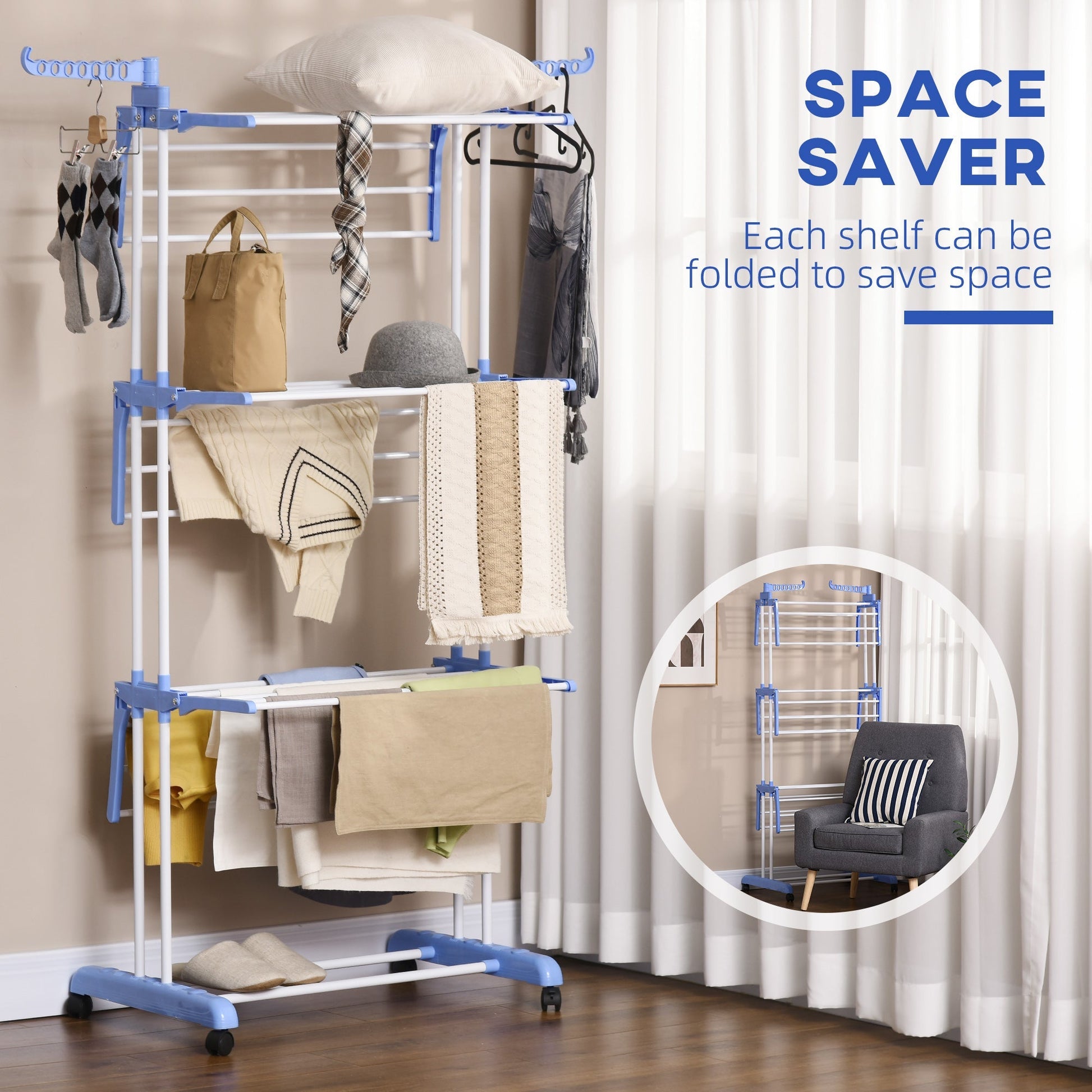 Foldable Clothes Drying Rack, 4-Tier Steel Laundry Racks for Drying Clothes with 2 Side Wings and 4 Castors, Indoor and Outdoor Use, Blue at Gallery Canada