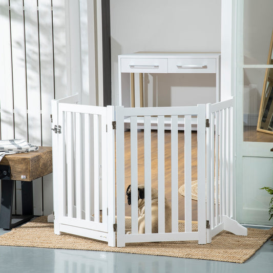 Foldable Dog Gate with Door, 4 Panels Freestanding Pet Gate with Support Feet Indoor Playpen for Medium Dogs and Below, White - Gallery Canada