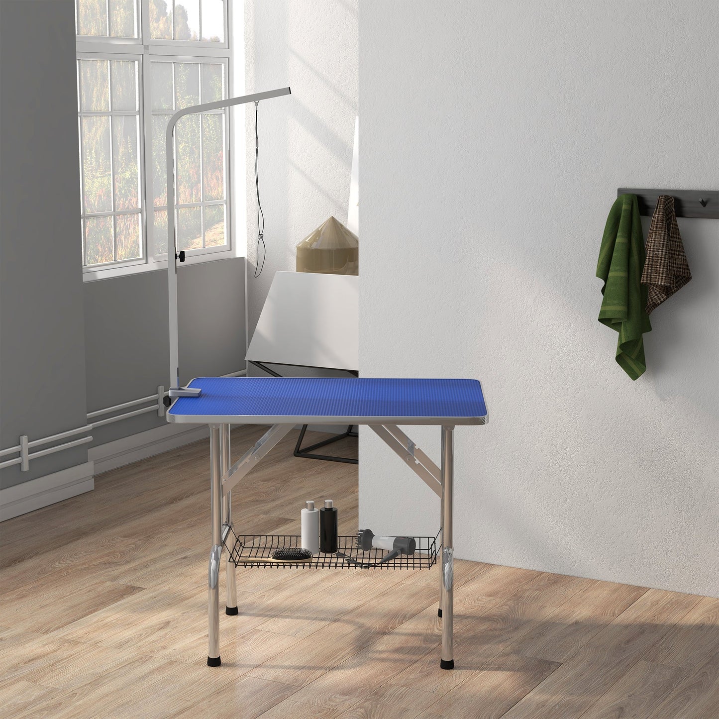 Foldable Grooming Table for Dogs with Height Adjustable Grooming Arm, Storage Shelf, Blue at Gallery Canada