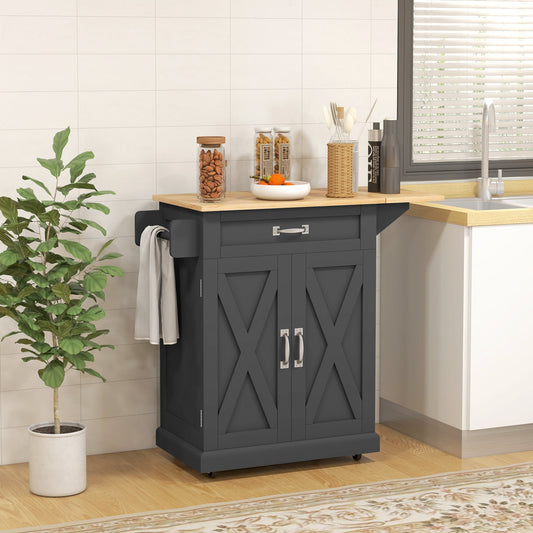 Foldable Kitchen Island with Storage Drawer, Farmhouse Rolling Utility Cart on Wheels with Drop-Leaf Wood Top, Black - Gallery Canada
