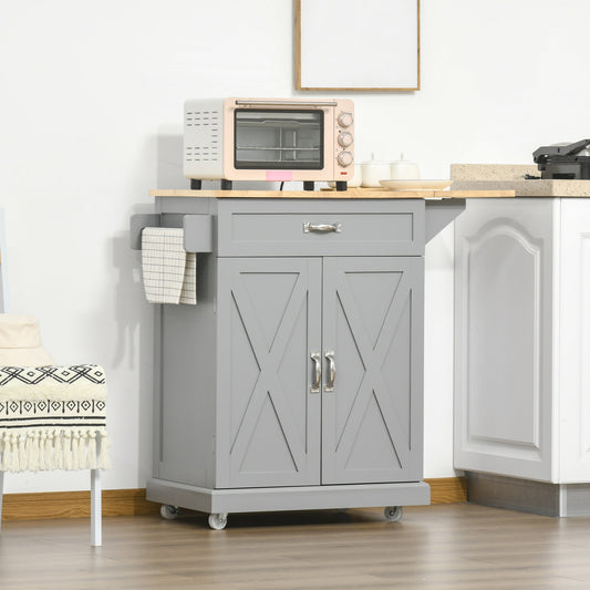 Foldable Kitchen Island with Storage Drawer, Farmhouse Style Rolling Utility Cart, Coffee Bar Cabinet on Wheels with Drop-Leaf Wood Top, Grey - Gallery Canada