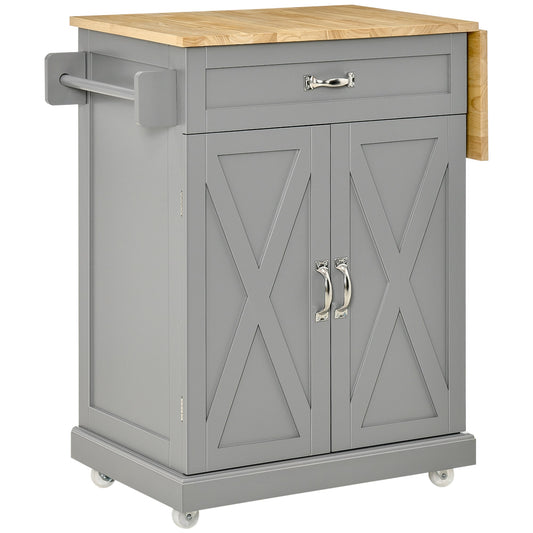 Foldable Kitchen Island with Storage Drawer, Farmhouse Style Rolling Utility Cart, Coffee Bar Cabinet on Wheels with Drop-Leaf Wood Top, Grey - Gallery Canada