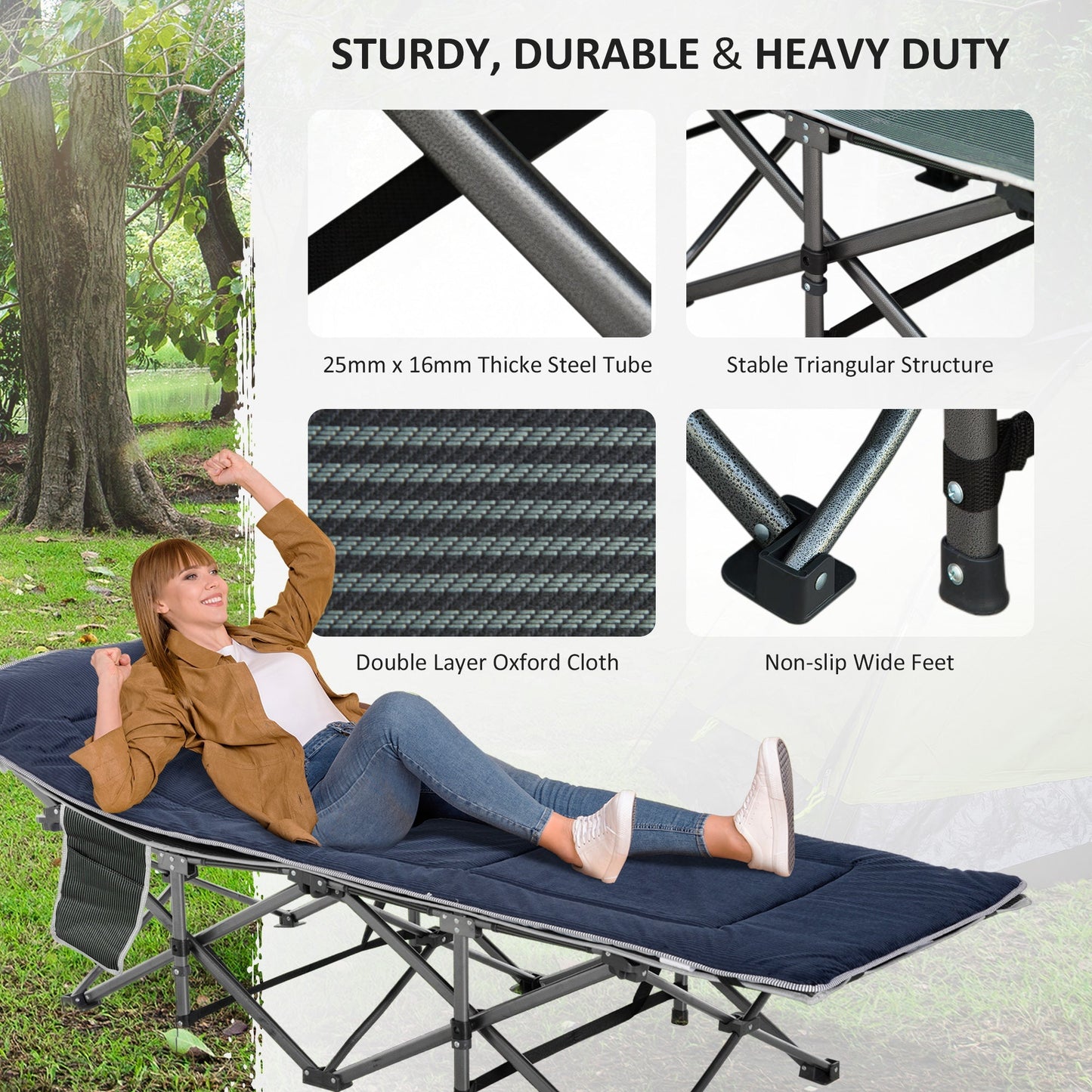 Folding Camping Cot with Mattress &; Pillow, Double Layer Oxford Heavy Duty Sleeping Cot with Carry Bag Grey and Blue - Gallery Canada