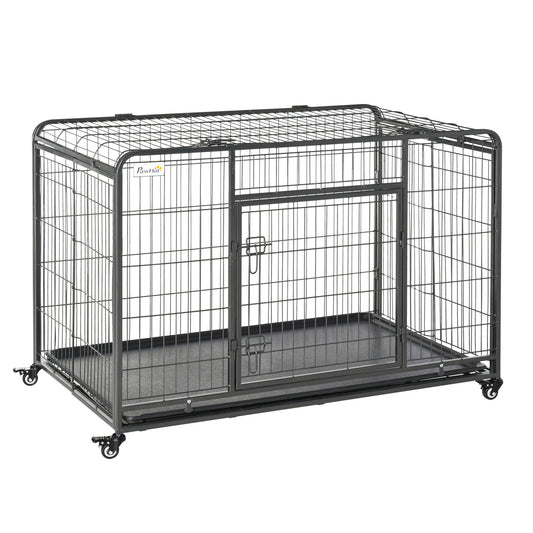 Folding Dog Crate Heavy Duty Cage for Extra Large Sized Dogs with Double Doors, Lockable Wheels Tray, 49" x 30" x 32" - Gallery Canada