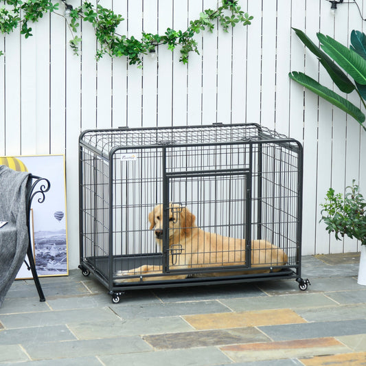 Folding Heavy Duty Dog Crate Heavy Duty Cage for Large Sized Dogs with Double Doors, Lockable Wheels Tray, 43" x 28" x 31" - Gallery Canada
