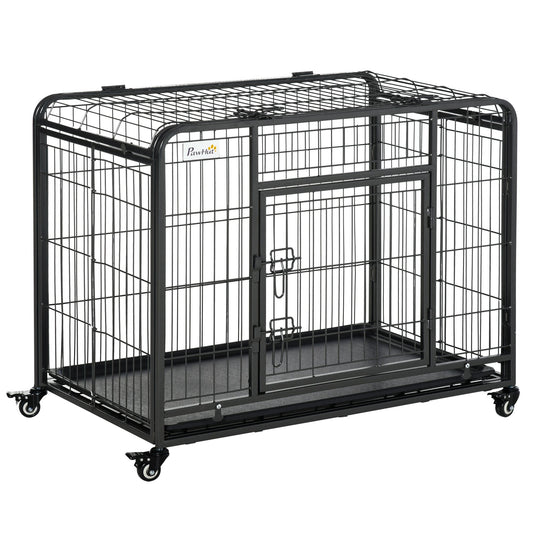 Folding Heavy Duty Dog Crate Heavy Duty Cage for Medium Sized Dogs with Double Doors, Lockable Wheels Tray, 37" x 23" x 27" - Gallery Canada