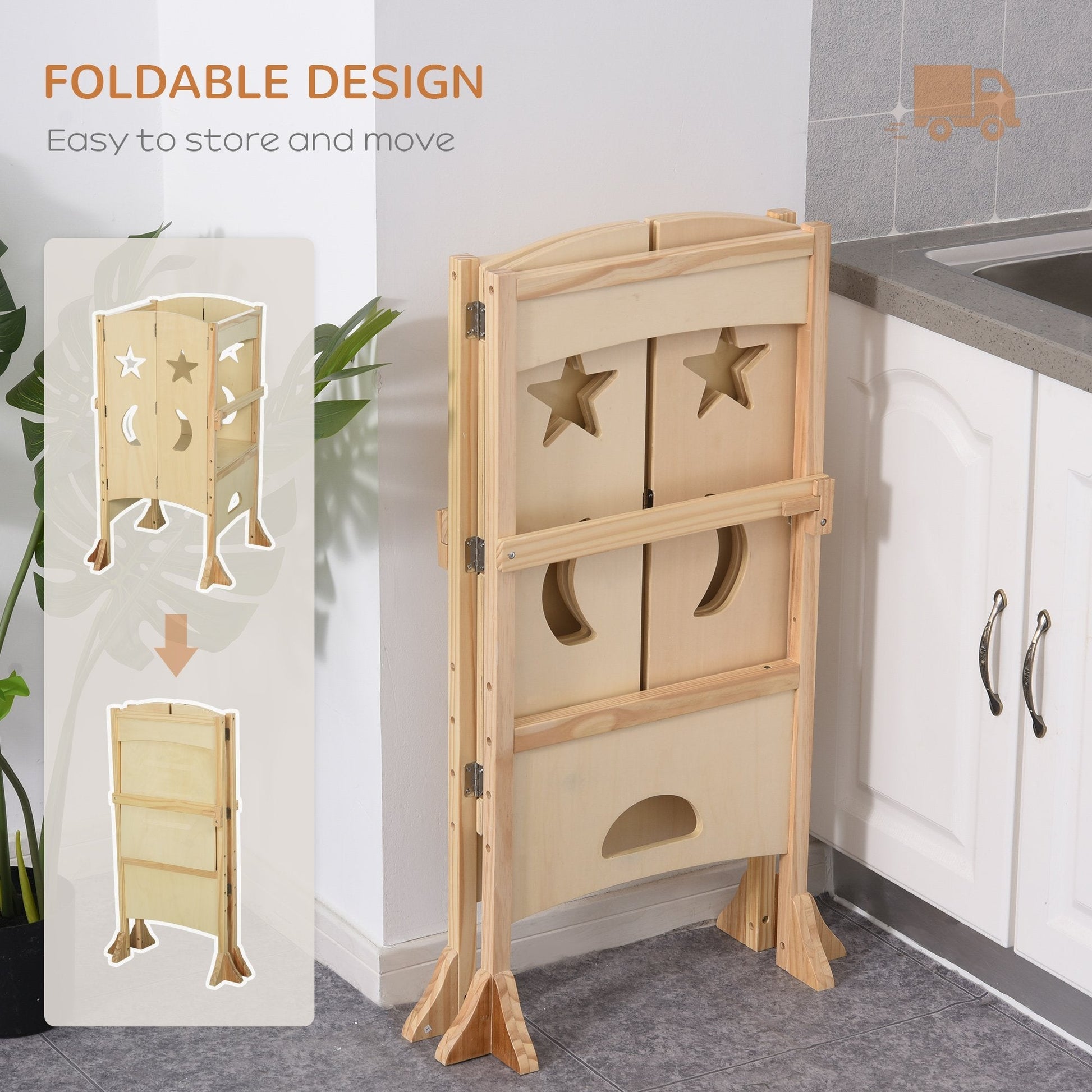 Folding Toddler Tower, Kitchen Helper Step Stool with Support Handles, Safety Rail and Non-Slip Strips, for Kids Washroom Dining Room Learning, Natural at Gallery Canada
