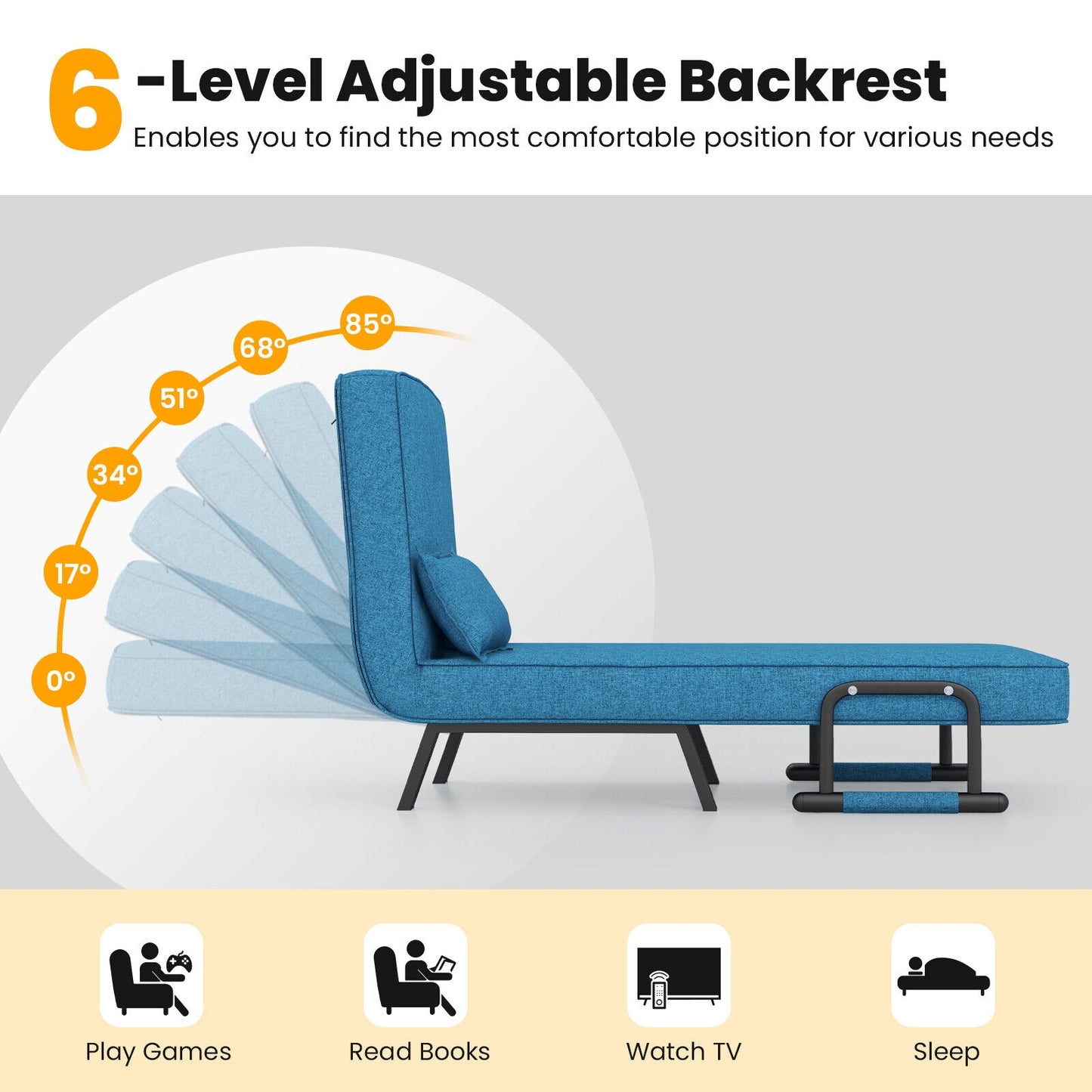 Folding 6 Position Convertible Sleeper Bed, Blue Accent Chairs at Gallery Canada