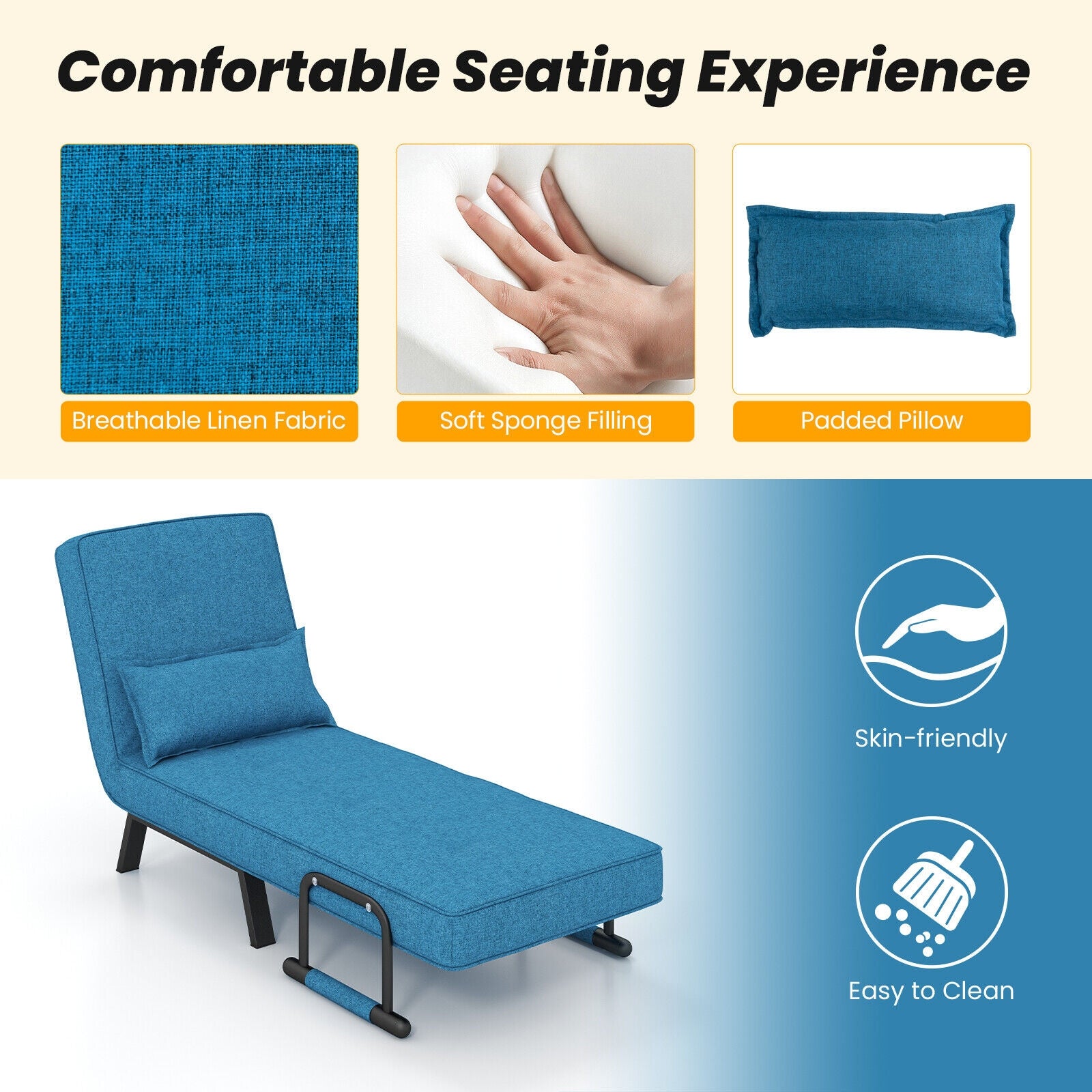 Folding 6 Position Convertible Sleeper Bed, Blue Accent Chairs at Gallery Canada