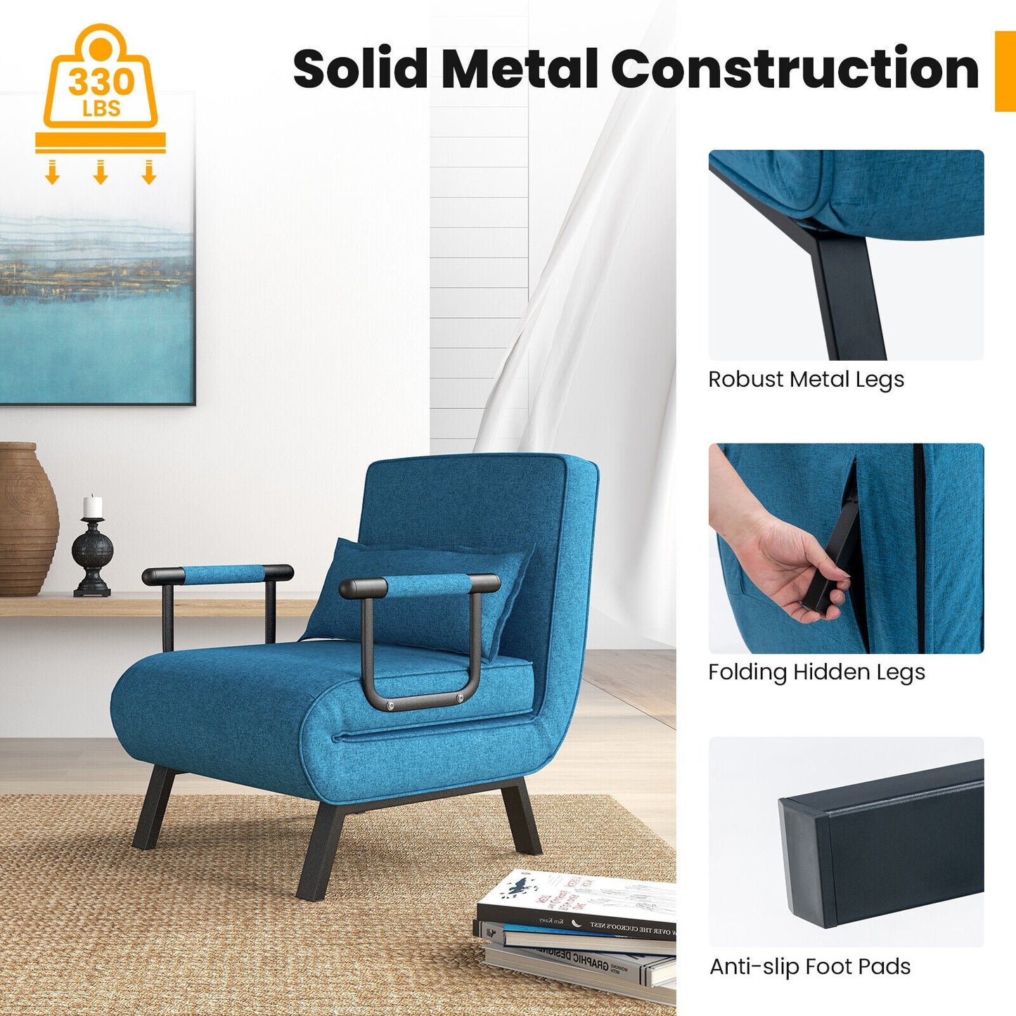 Folding 6 Position Convertible Sleeper Bed Armchair Lounge Couch with Pillow, Blue Accent Chairs at Gallery Canada