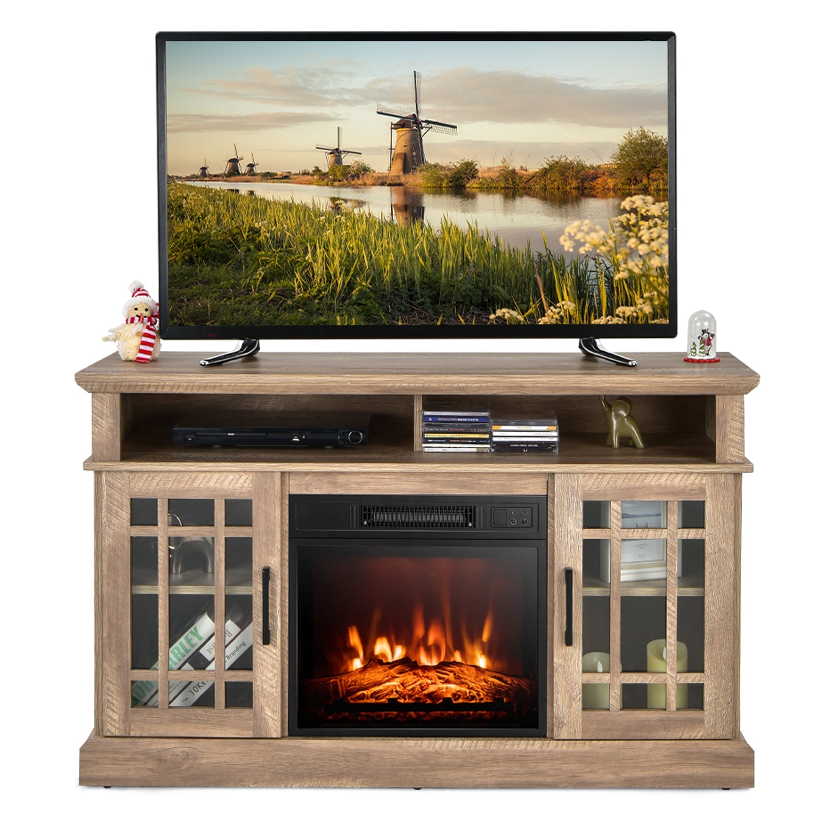 48 Inch Electric Fireplace TV Stand with Cabinets for TVs Up to 55 Inch, Natural Entertainment Centers & TV Stands at Gallery Canada