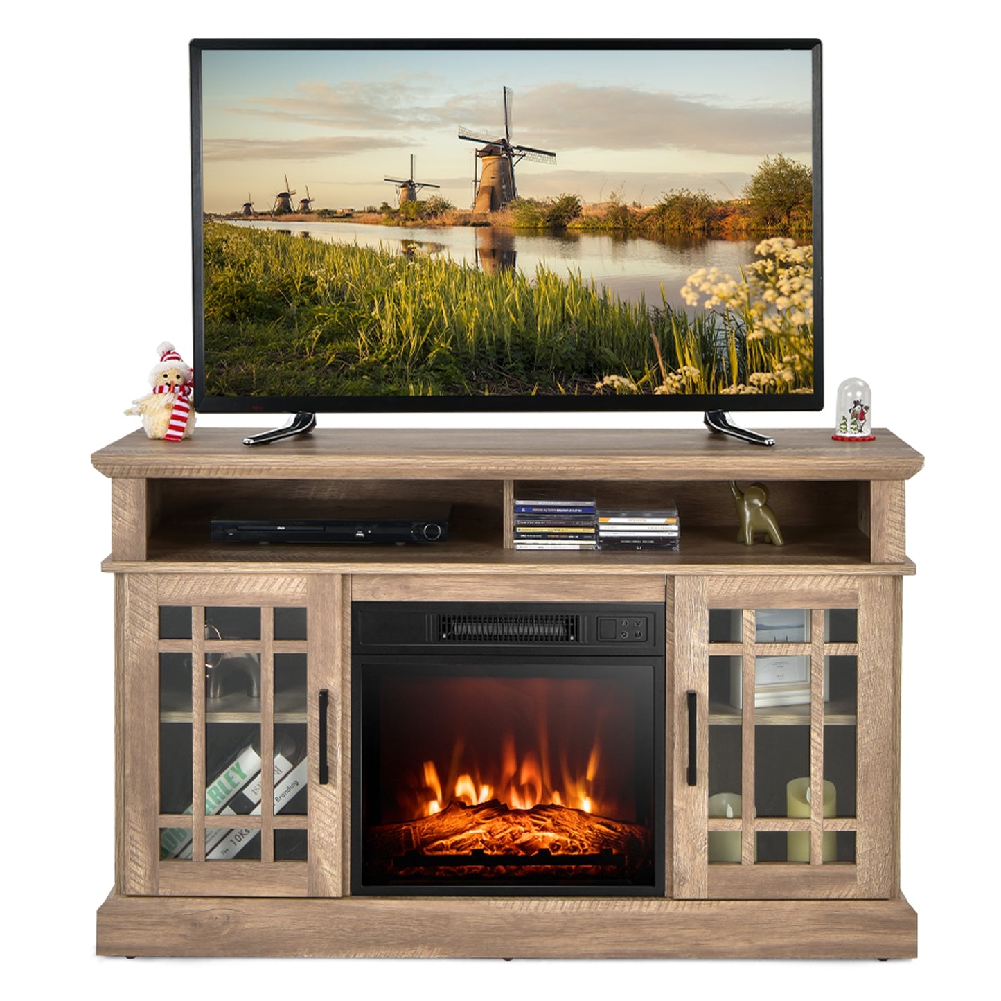 48 Inch Electric Fireplace TV Stand with Cabinets for TVs Up to 55 Inch, Natural Entertainment Centers & TV Stands at Gallery Canada