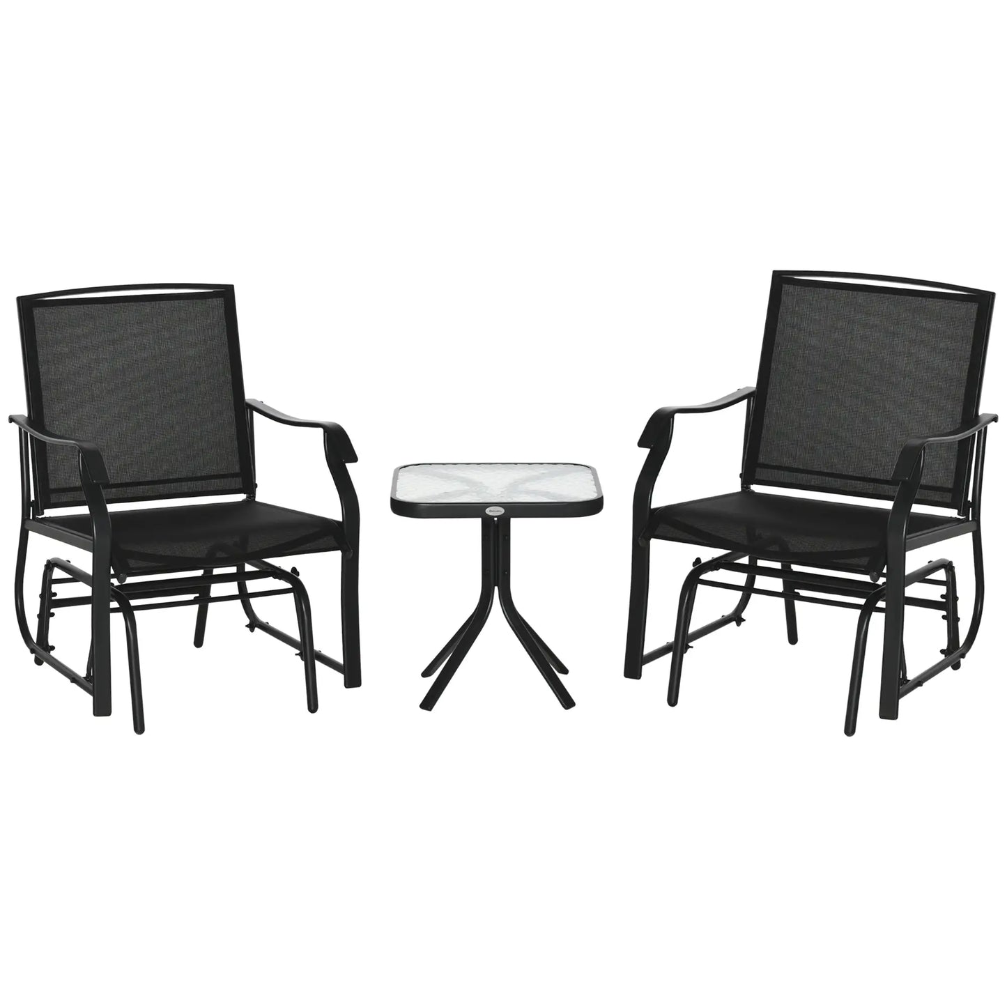 3 Piece Patio Glider Set, Breathable Mesh Seat, Glass Top Table, Black Outdoor Gliders at Gallery Canada