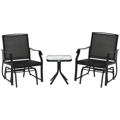 3 Piece Patio Glider Set, Breathable Mesh Seat, Glass Top Table, Black Outdoor Gliders at Gallery Canada