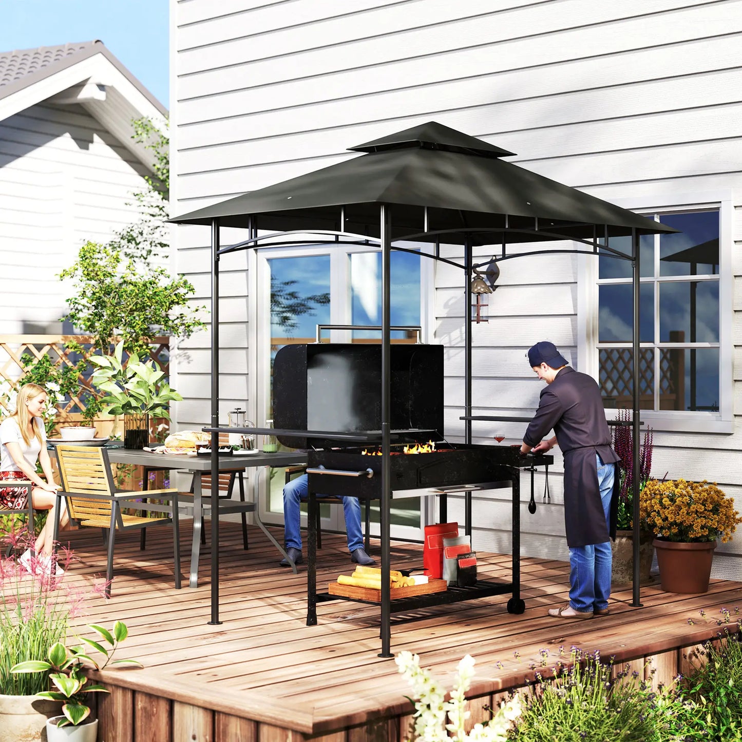 8' x 5' Outdoor Grill Gazebo, Double Tiered With Shelves, Dark Grey BBQ Grill Gazebos at Gallery Canada